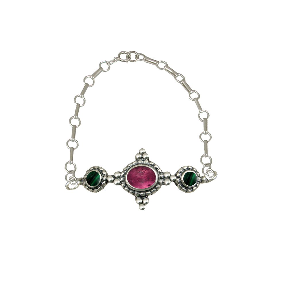 Sterling Silver Gemstone Adjustable Chain Bracelet With Pink Tourmaline And Malachite